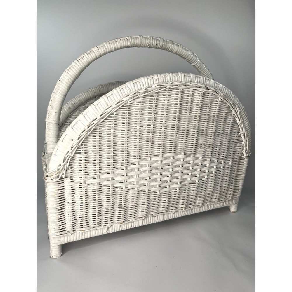 Book Wicker Magazine Basket Rattan  White Shabby Chic Boho Vintage